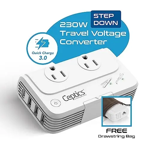 Ceptics Egypt, Dubai, Jordan Voltage Converter, Convert 220V to 110V for Devices Like Curling Iron Straightener Chargers 4 USB PD 18W Fast Charging Type H, C, G - 3