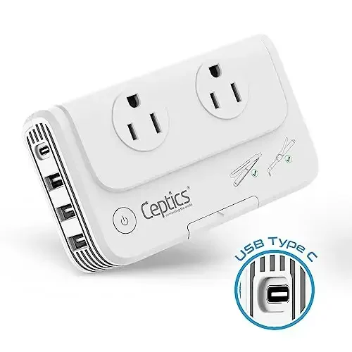 Ceptics Misr, Dubay, Iordaniya Voltaj Konvertori, 220V dan 110V ga O'rash Temir Dazmol To'g'rilagich Zaryadlovchi Kabi Qurilmalar uchun 4 USB PD 18W Tez Zaryadlash H, C, G Turi - 2