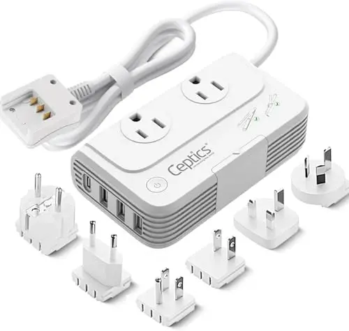 Ceptics Travel Voltage Converter -200W Convert 220V to 110V for Curling Iron, Straightener, Charger Step Down World Power Plug - 4 USB PD 18W Fast Charging - SWadApt - Type A, B, C, E/F, G, I Include - 1