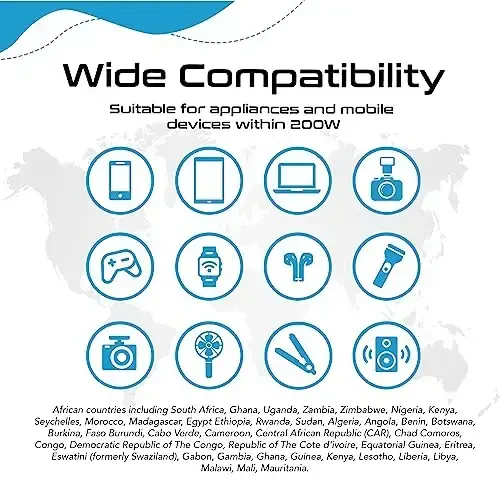 Ceptics South Africa Voltage Converter - 200W 220V dan 110V ga o'zgartirish Buklama temiri, to'g'rilagich, zaryadlovchi kabi qurilmalar uchun, Step Down World Power Plug 4 USB PD 18W Fast Charging Type M, G, E/F - 4