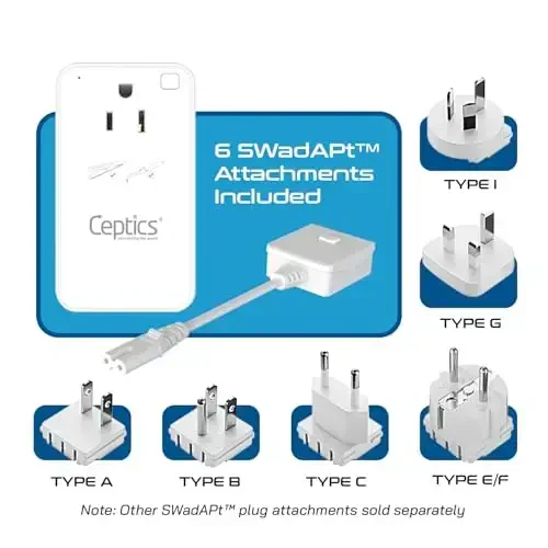 Ceptics Step Down Voltage Converter US to Europe - 200W Convert 220V to 110V for Curling Iron, Straightener, Charger – USB-A & C Fast Charging – SwadApt Type A, B, C, E/F, G, I Included - CEPTICS (1)