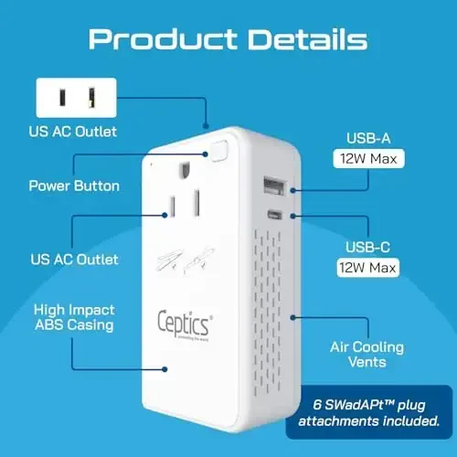 Ceptics Step Down Voltage Converter US to Europe - 200W Convert 220V to 110V for Curling Iron, Straightener, Charger – USB-A & C Fast Charging – SwadApt Type A, B, C, E/F, G, I Included - 5