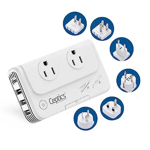 Ceptics Travel Voltage Converter -200W Convert 220V to 110V for Curling Iron, Straightener, Charger Step Down World Power Plug - 4 USB PD 18W Fast Charging - SWadApt - Type A, B, C, E/F, G, I Include 