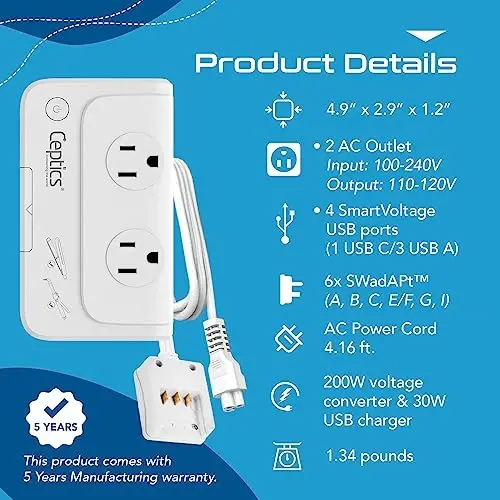 Ceptics Travel Voltage Converter -200W Convert 220V to 110V for Curling Iron, Straightener, Charger Step Down World Power Plug - 4 USB PD 18W Fast Charging - SWadApt - Type A, B, C, E/F, G, I Include - 5