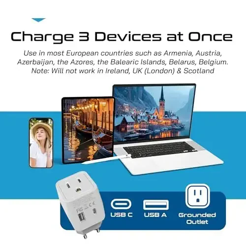 Ceptics Yevropa Sayohat Vilkasi Adaptori - USB-A & C, Turkiya, Misr, Islandiya uchun C Tipi Adaptor - AQSh Kirishi - Telefonlar, Zaryadlovchilar, Kameralar va Boshqalar uchun Ideal - 3
