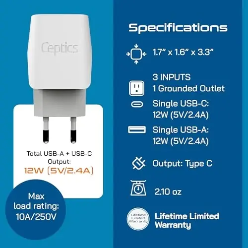 Ceptics Yevropa Sayohat Vilkasi Adaptori - USB-A & C, Turkiya, Misr, Islandiya uchun C Tipi Adaptor - AQSh Kirishi - Telefonlar, Zaryadlovchilar, Kameralar va Boshqalar uchun Ideal - 5