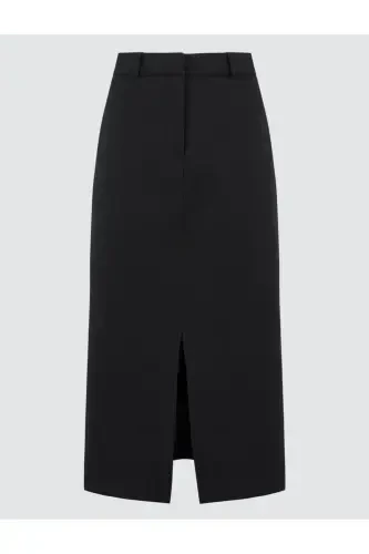 Черная юбка-миди с разрезом, зауженного кроя, с высокой талией. - 7