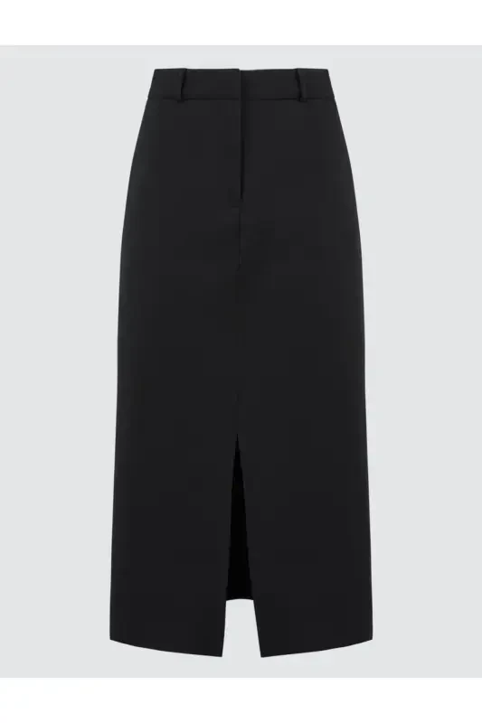 Черная юбка-миди с разрезом, зауженного кроя, с высокой талией. - 7