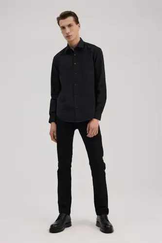 Чёрная Классическая Посадка Итальянский Воротник Длинный Рукав Классический Галстук Лёгкая Глажка Хлопковая Рубашка - 1