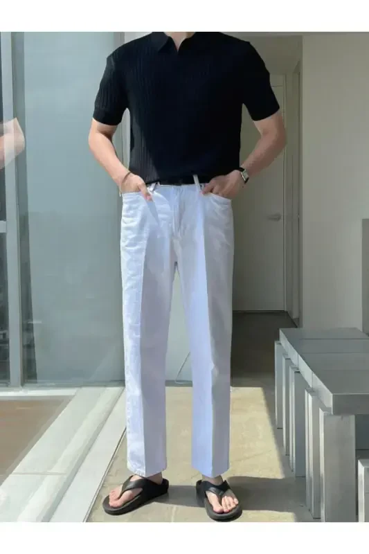 Чёрная Мужская Вельветовая Трикотажная Футболка-поло с Воротником в рубчик - Чёрный - 2