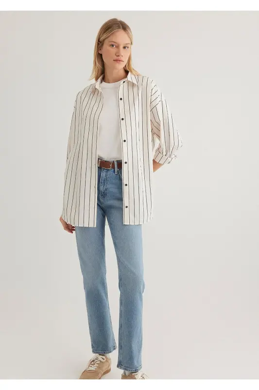 Черная Полосатая Рубашка Oversize / Свободный Крой 121042 - MAVI