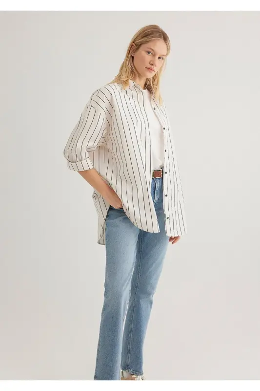 Черная Полосатая Рубашка Oversize / Свободный Крой 121042 - 2