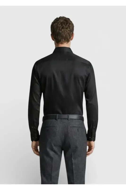 Черная рубашка Regular Fit без глажки из 100% хлопка. - 4