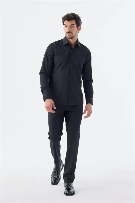 Черная хлопковая рубашка slim fit с итальянским воротником, классический узор, для галстука. - 4