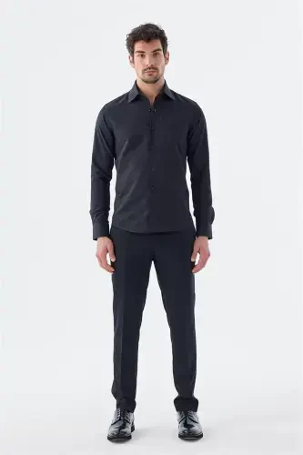 Черная хлопковая рубашка slim fit с итальянским воротником, классический узор, для галстука. - 2