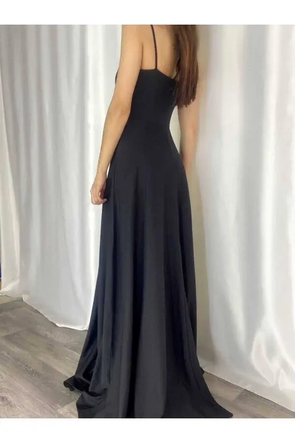 Черное эластичное платье макси с бретельками из ткани, с разрезом. Выпускное платье. 698 - 3