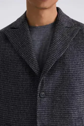 Чёрное кашемировое пальто с узором в клетку Comfort Fit с острым воротником из шерсти - 3