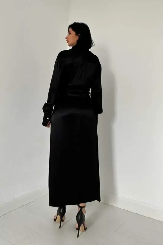 Черное платье-рубашка с поясом - 4