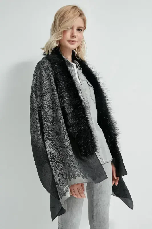 Черное пончо с узором Etro NW11189-3 - BÜYÜKBEDENIZ