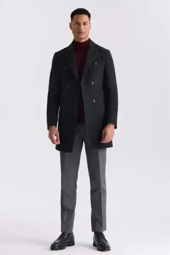 Чёрное шерстяное пальто в клетку Comfort Fit с заостренным воротником - 2