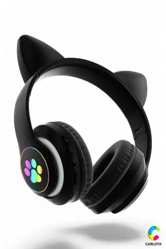 Чёрные Bluetooth-наушники с кошачьими ушками | Светодиодная подсветка | Складные | Беспроводные | Цветные светодиодные лапки - чёрный - MATEO