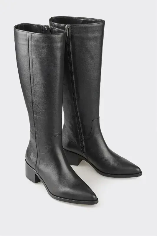 Черные кожаные женские сапоги на каблуке - 2