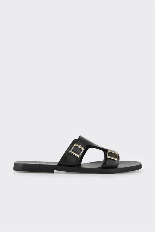 Черные кожаные женские шлепанцы без каблука - Черный - ELLE SHOES