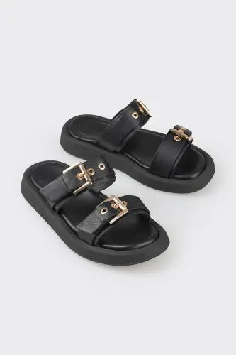 Черные кожаные женские спортивные шлепанцы - ELLE SHOES (1)