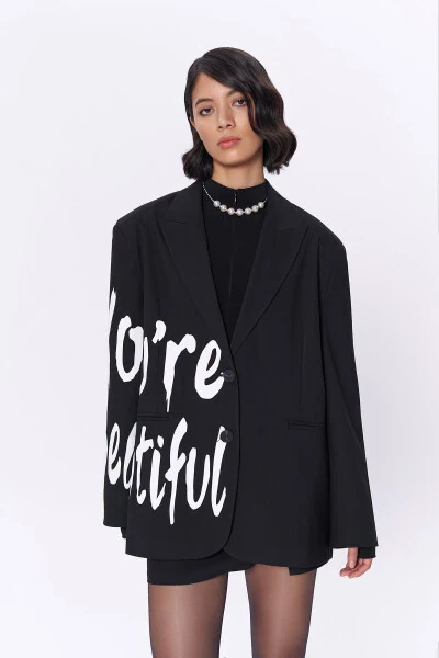 Черный блейзер с подкладкой из ткани в виде шарфа - 6