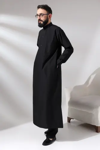 Siyah Çınar Dagron Kumaş Erkek Hac Umre Kıyafeti Fistan Takımı - Siyah - 3