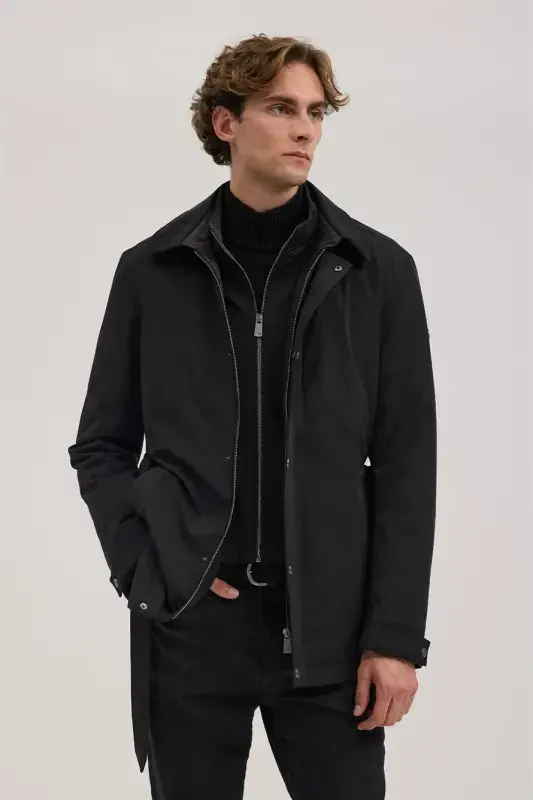 Чёрный комфортный крой, детское пальто с воротником-стойкой и поясом - 3