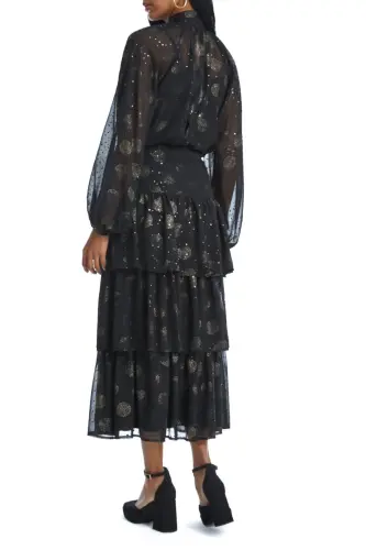 Чёрный костюм с длинным рукавом и плиссированной юбкой из шифона с блестящим принтом в кружок - 3