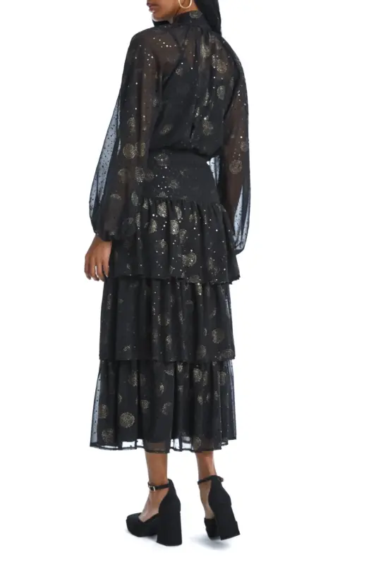 Чёрный костюм с длинным рукавом и плиссированной юбкой из шифона с блестящим принтом в кружок - 3