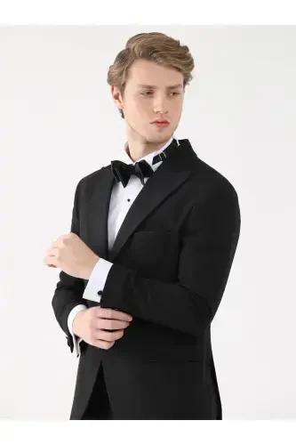 Черный Мужской Slim Fit Однотонный Заостренный Воротник Смокинг Костюм - 92409-Черный - Modazone (1)