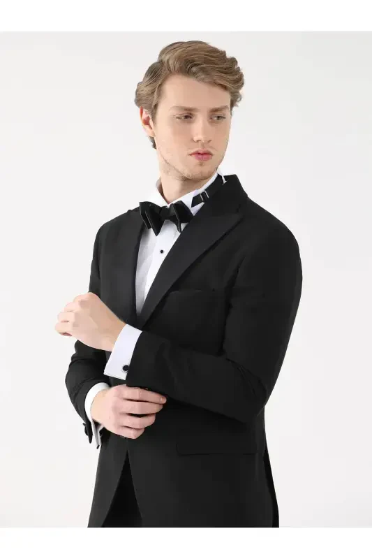 Черный Мужской Slim Fit Однотонный Заостренный Воротник Смокинг Костюм - 92409-Черный - 2