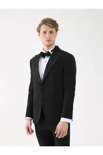 Черный Мужской Slim Fit Однотонный Заостренный Воротник Смокинг Костюм - 92409-Черный - 4