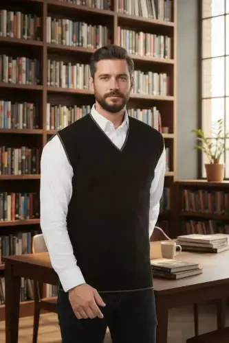 Чёрный Мужской Трикотажный Вязаный Свитер с V-образным Вырезом, Устойчивый к Образованию Катышков, Классического Кроя, с Узором 