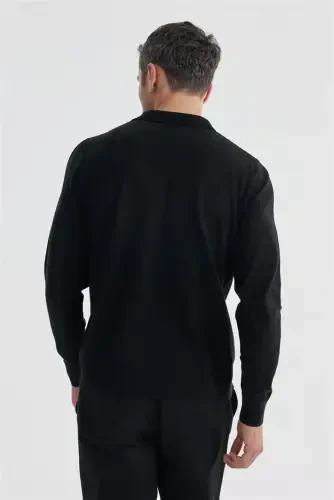 Чёрный облегающий джемпер с воротником-поло и узором из шерсти и кашемира - 4