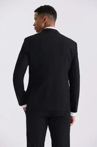 Черный приталенный пиджак с остроконечным лацканом и узором - 4