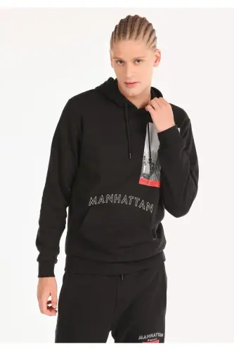 Черный, с капюшоном, мужской свитшот с принтом, regular fit - 1