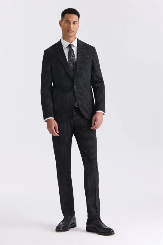 Черный Слим Фит Острый Воротник Стретч Полосатый Брючный Костюм - 1