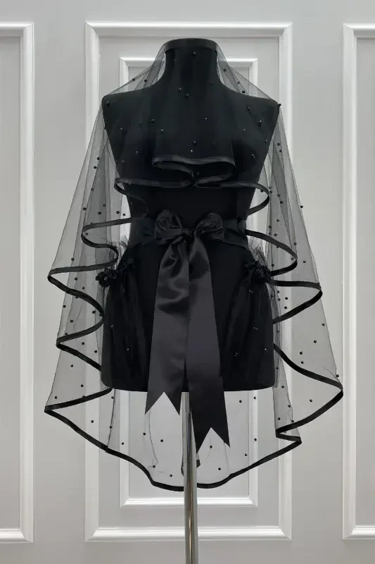 Черный Свадебный Фата Комплект, С Окантовкой и Крупным Жемчугом, Девичник, Свадьба, Фата для Никаха, Покрывало - С Окантовкой и Жемчугом ЧЕРНЫЙ - 4