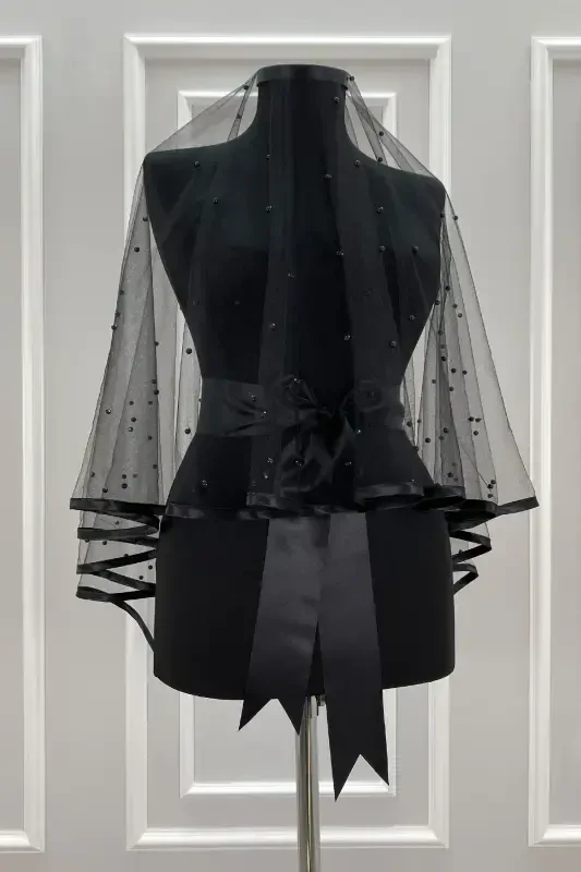 Черный Свадебный Фата Комплект, С Окантовкой и Крупным Жемчугом, Девичник, Свадьба, Фата для Никаха, Покрывало - С Окантовкой и Жемчугом ЧЕРНЫЙ - 5