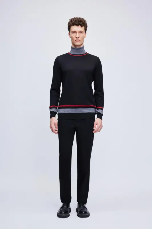 Черный трикотаж в полоску с высоким воротником из шерсти Regular Fit - 2