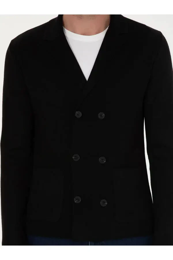 Черный трикотажный кардиган с V-образным вырезом из шерстяной смеси Slim Fit - 6