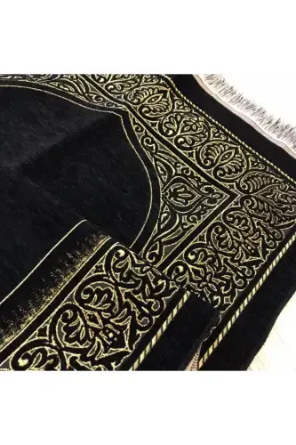 Черный велюровый роскошный коврик для намаза с золотой отделкой, унисекс - 1