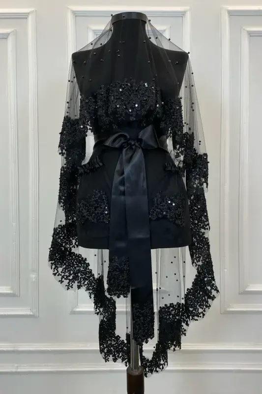 Черный Vip свадебный набор фаты, набор фаты для хны с ромашкой, гипюром, бусинами, пайетками и жемчугом, 6 предметов - черный - 1