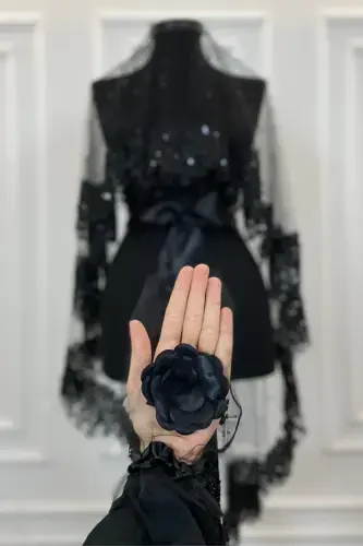 Черный Vip свадебный набор фаты, набор фаты для хны с ромашкой, гипюром, бусинами, пайетками и жемчугом, 6 предметов - черный - 4