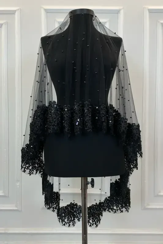 Черный Vip свадебный набор фаты, набор фаты для хны с ромашкой, гипюром, бусинами, пайетками и жемчугом, 6 предметов - черный - 5