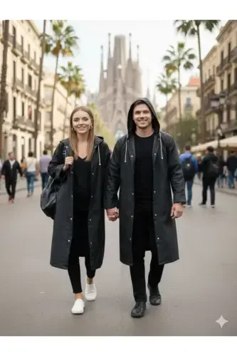 Черный водонепроницаемый ветрозащитный плащ - 6